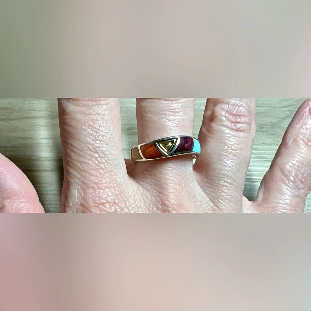 Eric Grossbardt Sterling Silver & 18K Gold Multi Stone Inlay Ring, Size 8.75